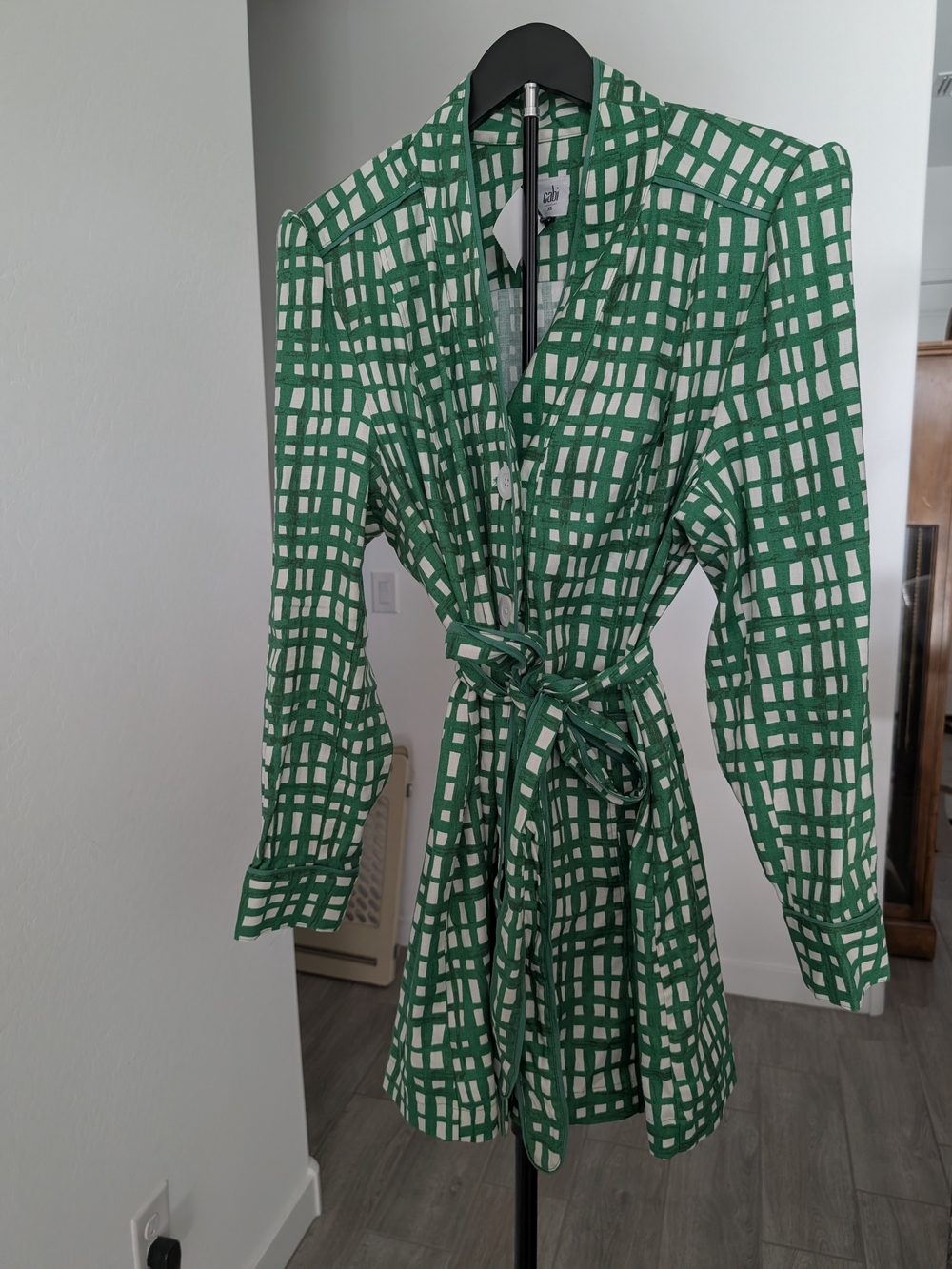 Green Checked Wrap Dress with Tie Waist